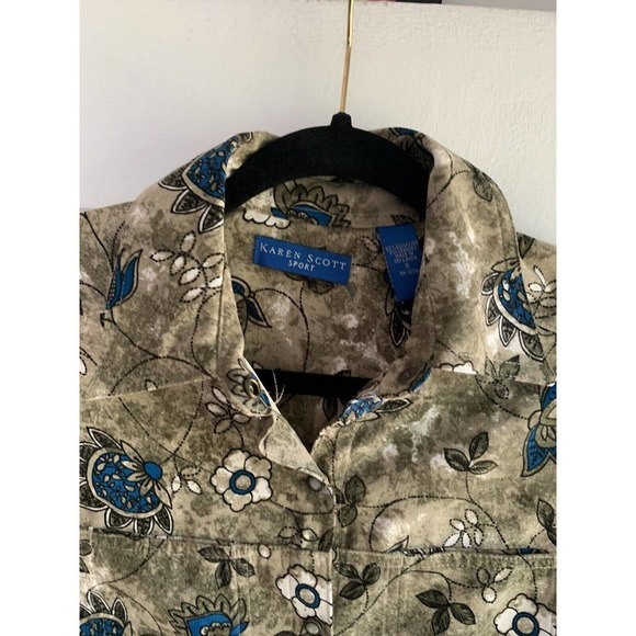 Karen Scott Sport Long Sleeve Floral Print Button-Up Top - Green Blue Size Small - Picture 4 of 8